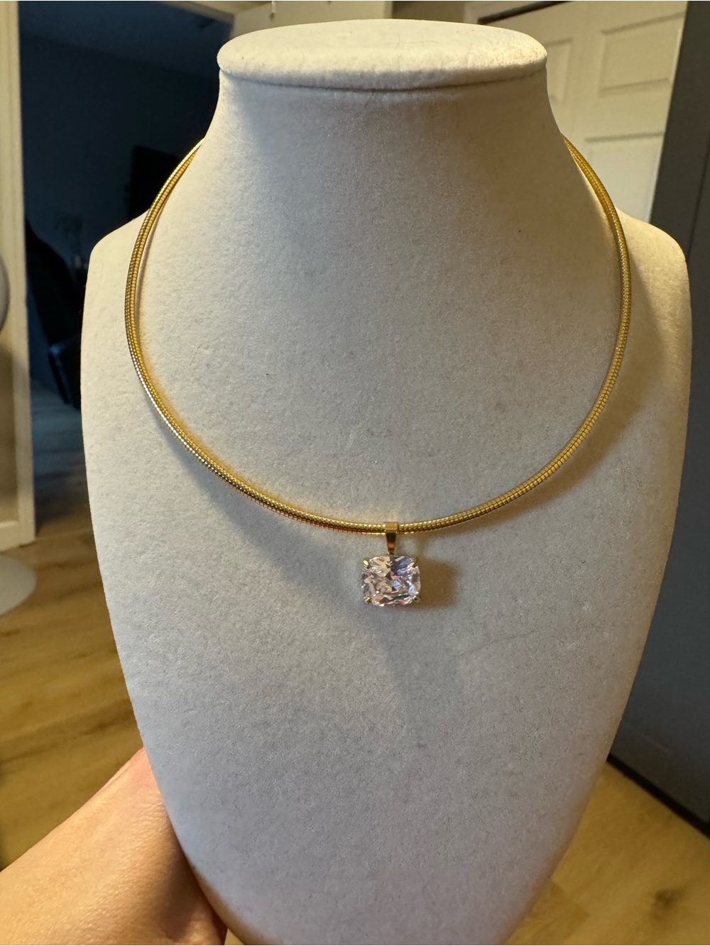 Gold Tone Necklace with Clear Square CZ Pendant